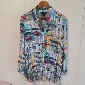 Ali Miles Multicolor Abstract Lagenlook Button Up Blouse Womens 2X